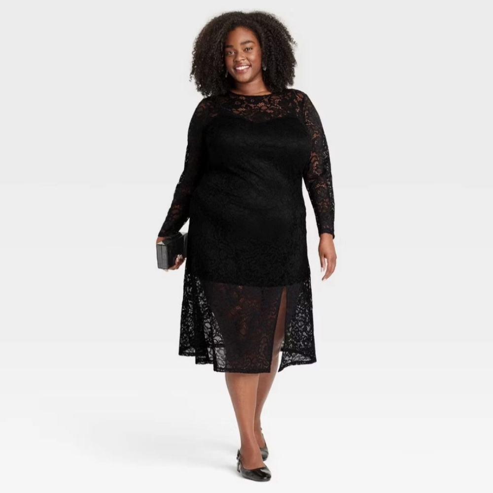 NWT Black Lace Long Sleeve Midi Dress Size 3X